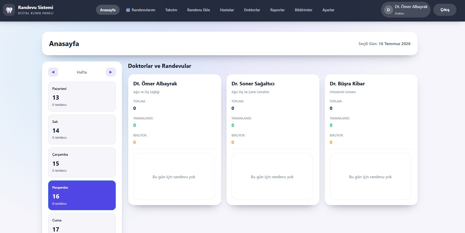 Klinik Randevu Sistemi web sitesinden ekran görüntüsü