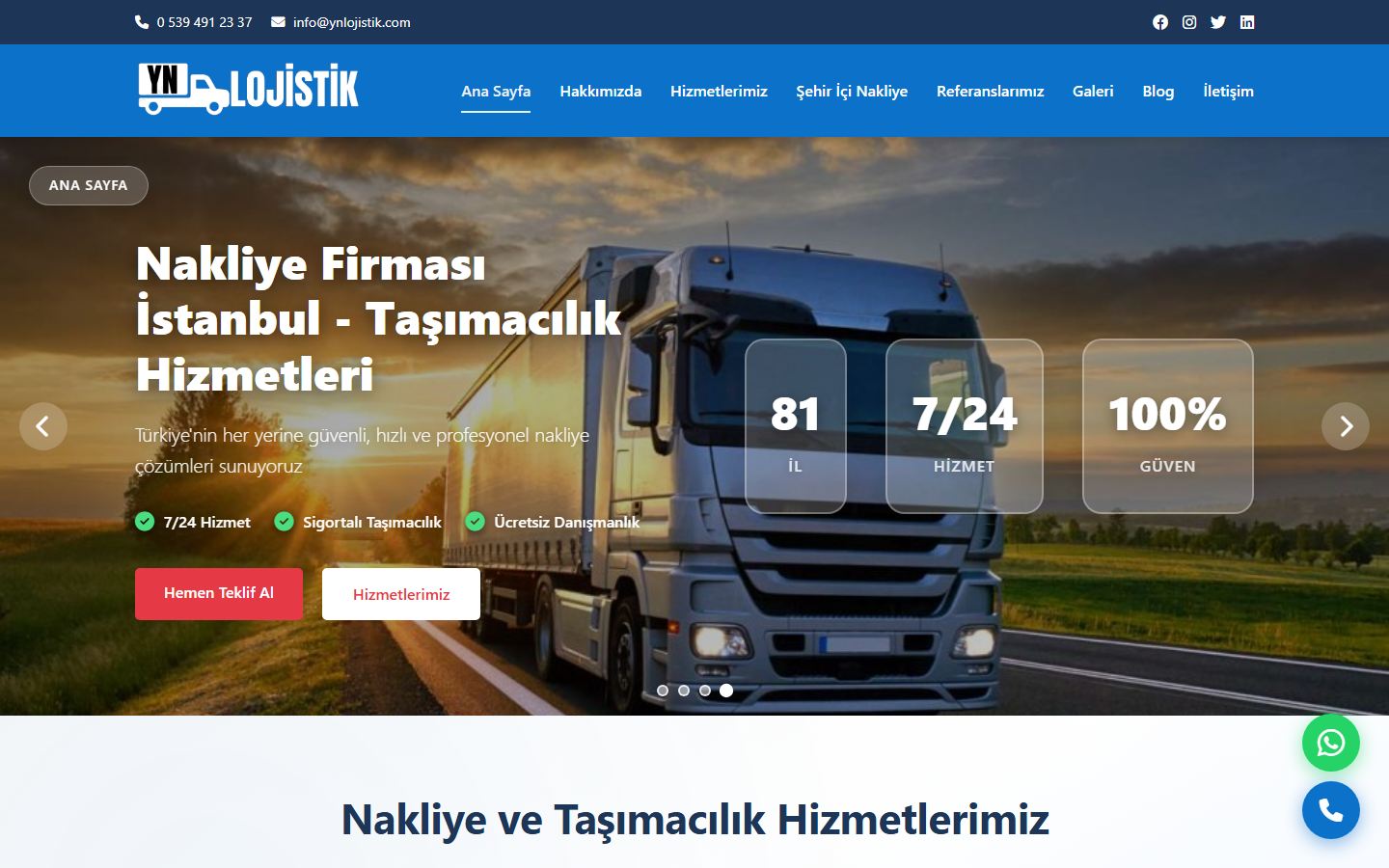 YN Lojistik web sitesinden ekran görüntüsü
